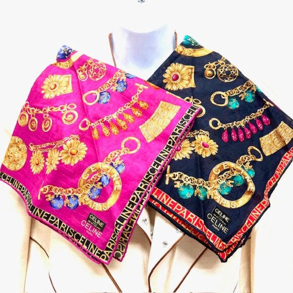 2 New Large Celine Paris Handker/Mini Scarf 20"Cotton Pink Black Gold Chain(51 - Picture 7 of 16
